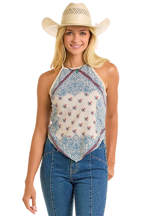 Rock and Roll Denim Natural/Blue/Burgundy Bandana Print Scarf Tank Top BW20T06288