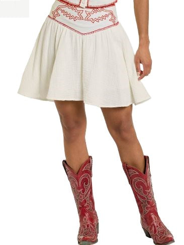 Rock and Roll Denim Natural/Red Boot Stitch Embroidered Mini Skirt BW69B06312