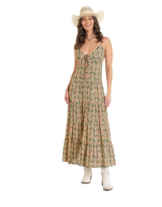Rock and Roll Denim Orange Multi Women's Cactus Print Midi Dress BWD0R06286