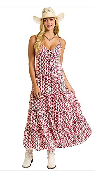 Rock and Roll Denim Red/White Aztec and Zig Zag Alternating Print Women's Halter Maxi Dress BWD0R06320