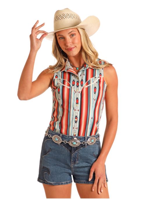 Rock and Roll Denim Red Aztec Stripe Women's Collared Sleeveless Snap Shirt BWN0S05863