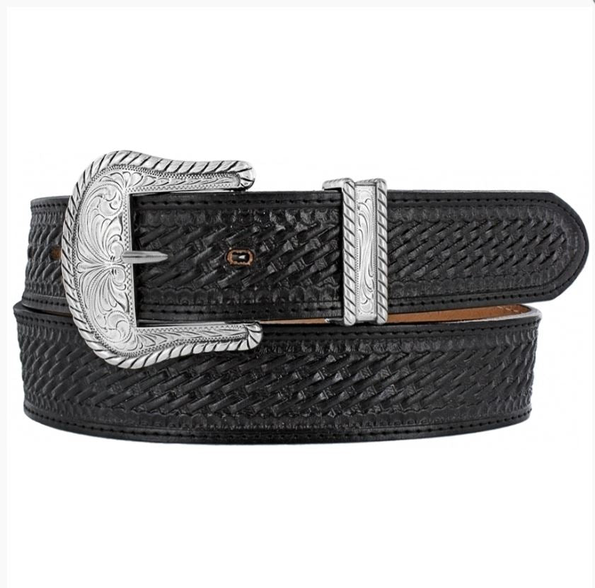 Justin Black Bronco 1 1/2 inch Men's Belt with Tooled/Embossed Leather C12263***