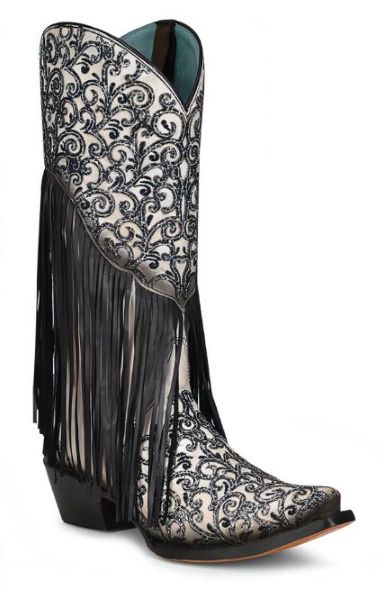 Corral White/Black Overlay 13 inch Boots with Embroidery and Fringe C3