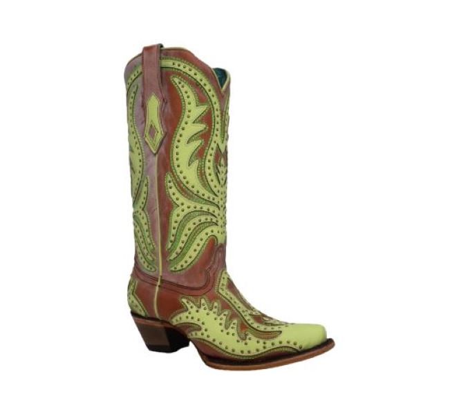 Corral Lime Green Neon Overlay Flourescent Embroidery Women's Snip Toe