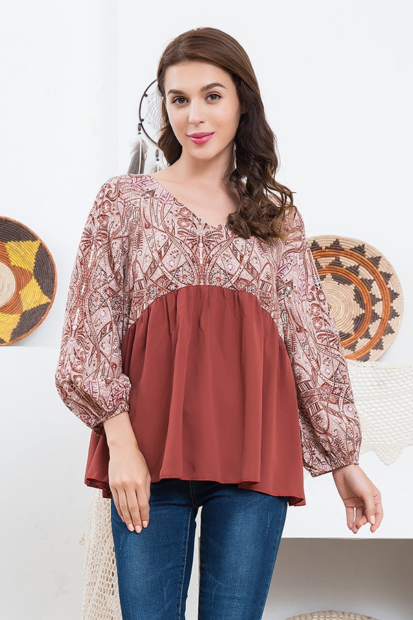Sassy Bling Rust Paisley Print Mixed Fabric Women's Longsleeve Baby Doll Top CK417-RUST