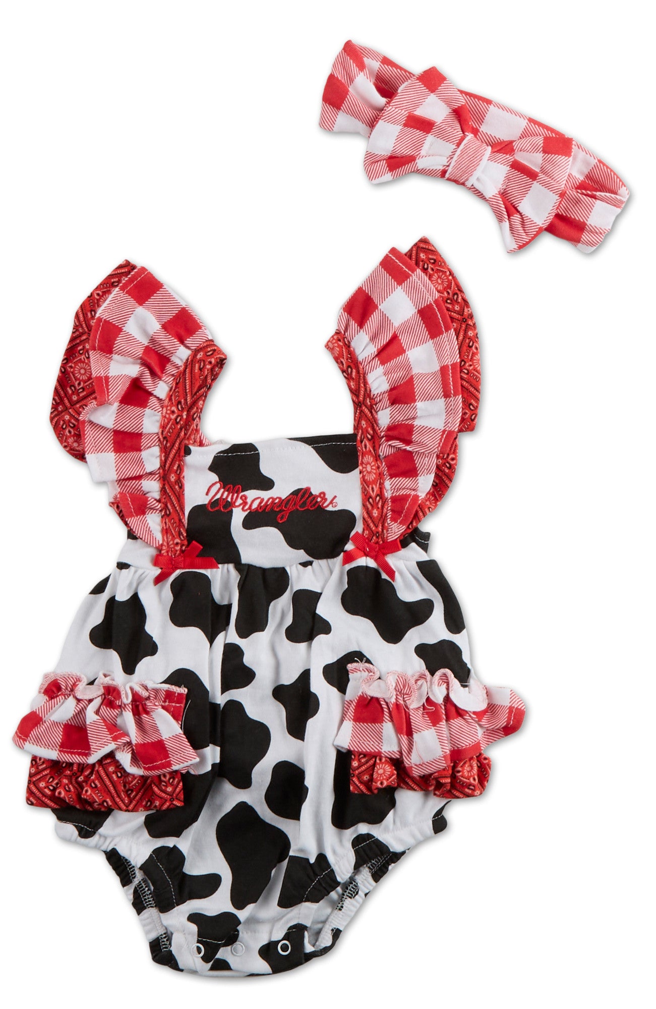 Wrangler Cow Print Romper with Red/White Plaid Ruffles and Matching Headband HW1100027