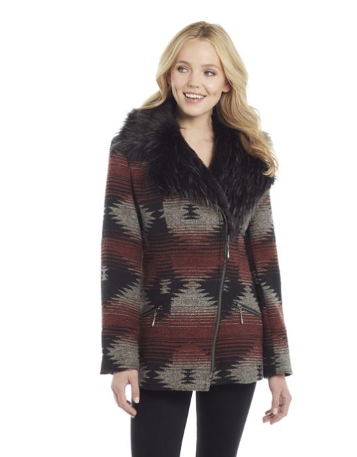 Cripple Creek Rust & Black Navajo Blanket Zip Front Women's Jacket with Faux Fur Collar CR15949-73