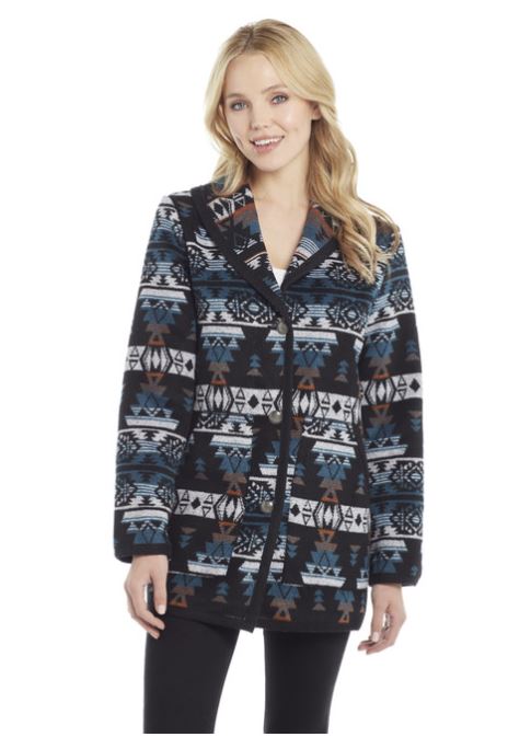 Cripple Creek Blue Multi Navajo Blanket Button Front Coat w/Shawl Collar CR16049-51