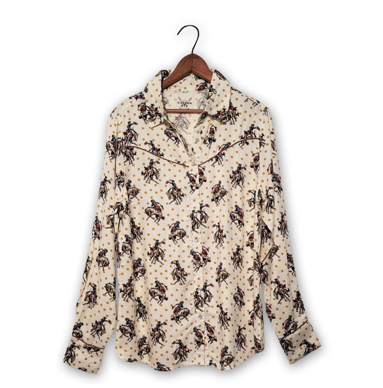 Cotton and Rye Polka Dot (Yellow) with Bronco Rider Print Buckaroo Betty Women's Longsleeve Collared Snap Shirt CRW111M