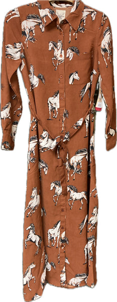 Cotton & Rye Brown Horse Print Women's Longsleeve Belt Tie Collared Dress CRWD9601 Cotton & Rye Brown Horse Print Women's Longsleeve Belt Tie Collared Dress CRWD9601