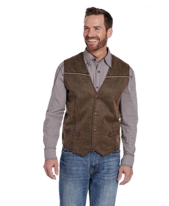 Cripple Creek Antique Chocolate Enzyme Washed Men's Cotton Snap Front Vest with Cord Piping Accent CW1307