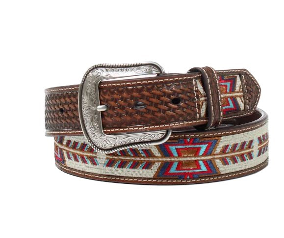 3D Brown Men's Belt with Basket Tabs and Arrow Embroidered Design D100013702