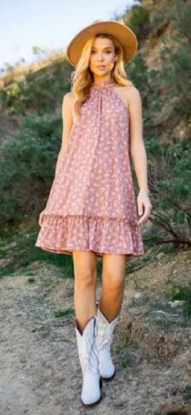 Vision Apparel Mauve Paisley Print Ruffle Hem Womens Halter Dress in Curvy Sizes D1255-MAUVE-CUR