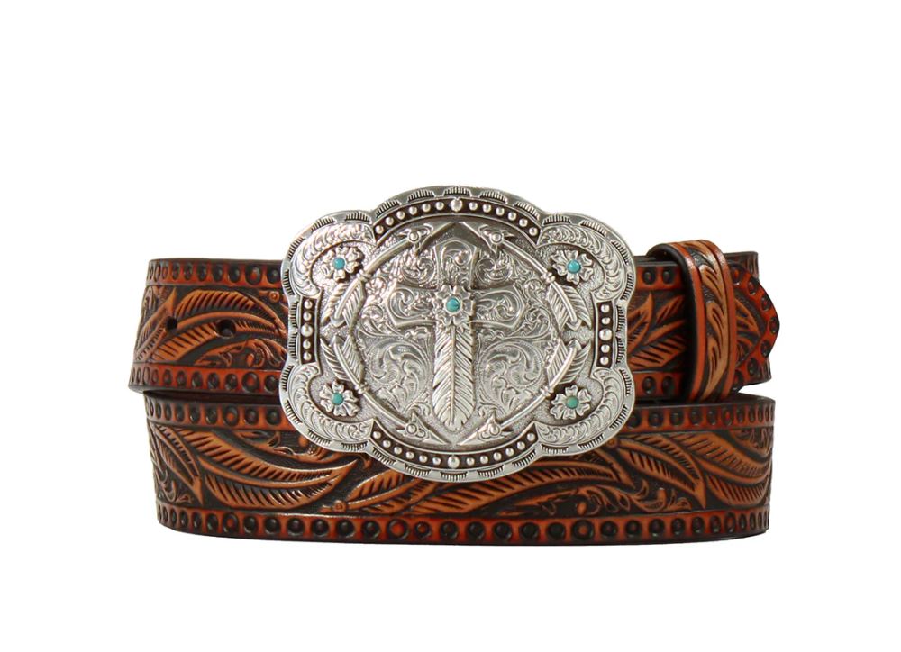 Angel Ranch Tan Ladies' Leather Belt with Embossed Feather Design and Antique Silver Buckle D140008608