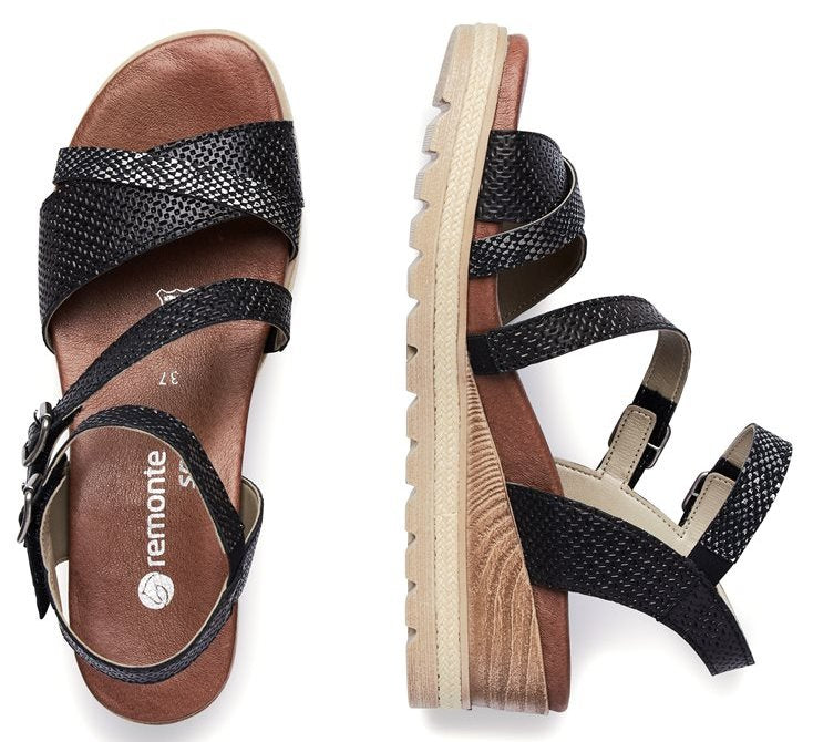 Rieker Black Ankle Strap Wedge Comfort Womens Sandals D6356-02