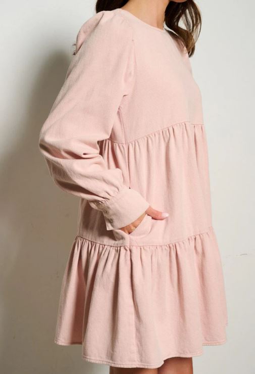fitted lace wedding dress Wholesale Fashion Dusty Pink Women's Long Sleeve Pockets Tiered Denim