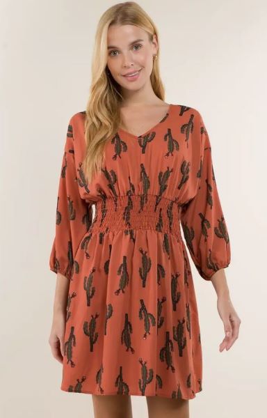 Vision Apparel Rust Cactus Print Smocked Waist Women's Dress D943