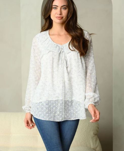 Ice Blue Ditsy Floral Print Womens Tie Neck Long Sleeve Top DD-1-A-PST7513