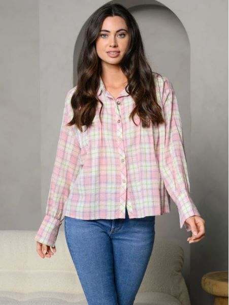 Pink and Yellow Multi Plaid Womens Long Sleeve Button Down Top DD-10-C-IT84786
