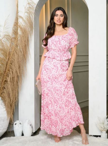 Pink Paisley Tiered Maxi Skirt DD-10-DSTT-SKRT