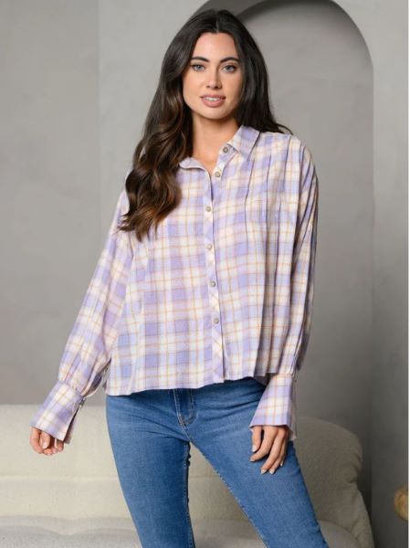 Purple Plaid Womens Long Sleeve Button Down Top DD-11-A-IT84786