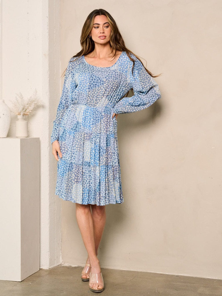 le bos Wholesale Fashion Trends Ice Blue Women's Long Sleeves Tiered Floral  Midi Dress DD-5-