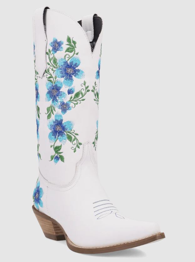 Dingo White with Blue Flowers Posie Women's Leather Western Boots DI2344