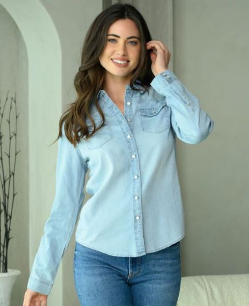 Light Blue Long Sleeve Womens Western Chambray Shirt E-11-A-J3042