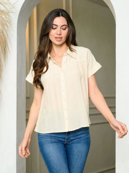 Natural Short Sleeve Women's Button Up Loose Fit Top G-10-C-S3244C