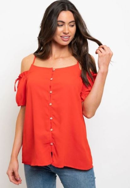 Red Cold Shoulder Womens Button Up Top E-7-B-VT51172