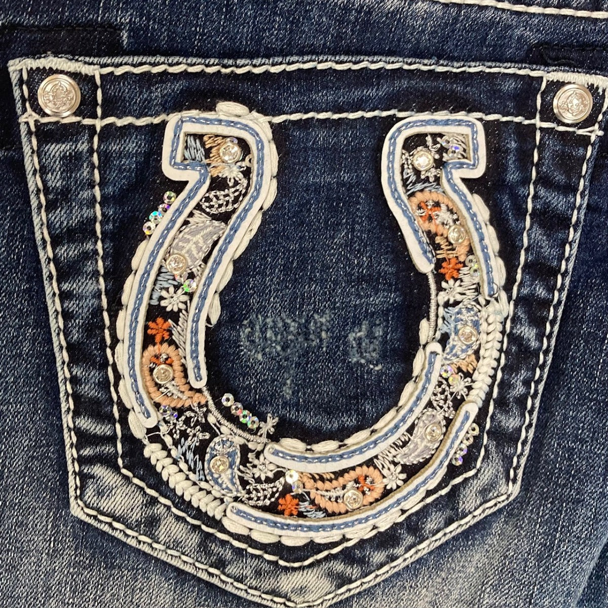Grace in LA Dark Wash Easy Fit Paisley Embroidery Inset Horseshoe Bootcut Women's Jeans EB-51908