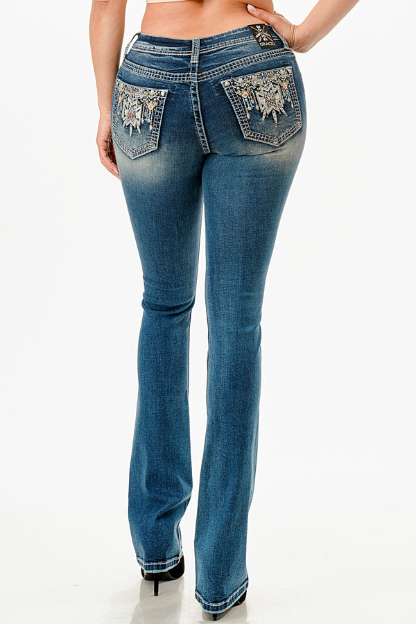 Graceページです。 Grace in LA Midwash Bootcut Women's Jeans with Aztec