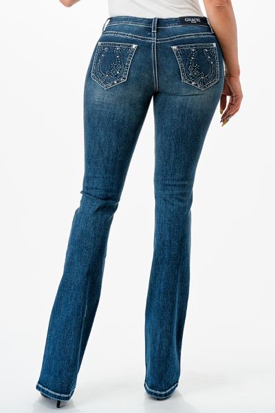 Grace in LA Dark Wash Horseshoe Pocket 32 inch Inseam Women's Bootcut Jeans EB61808-32