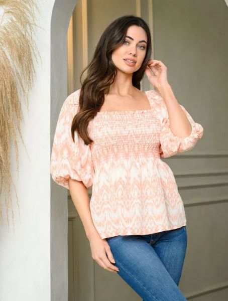 Peach Short Puff Sleeve Women's Smock Tunic Top F-9-D-VT70131C
