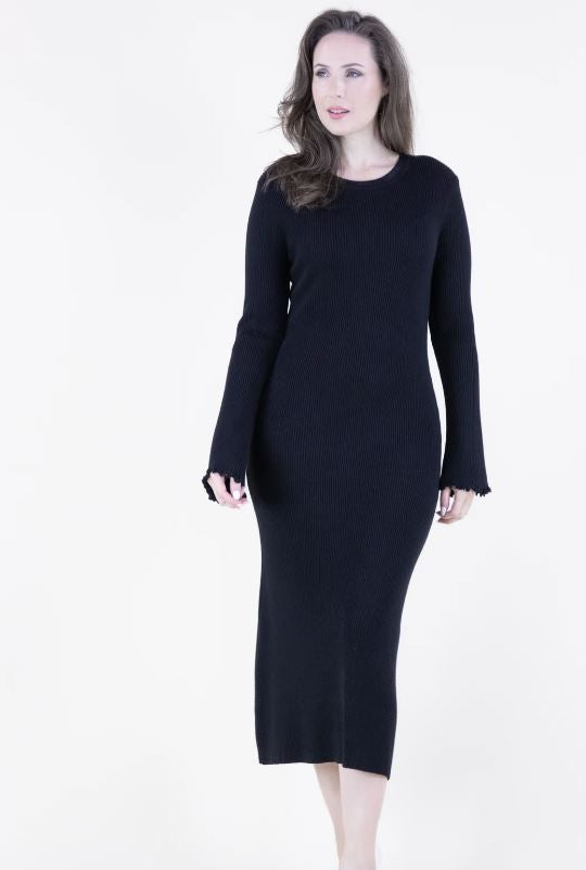 Black Wavy Hem Flare Sleeve Women's Ribbed Sweater Dress FP65026-BK