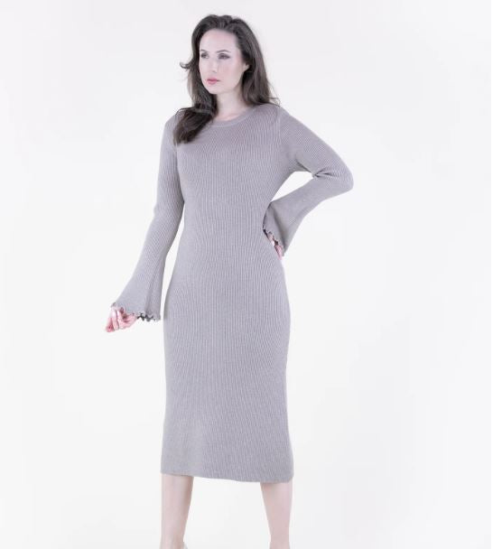 sweater dress flare Wavy Hem Khaki Sleeve Ribbed Women's FP65026-KK Khaki / L/X sage green evening gown The tailored bodice and Pink Holiday Dresses | Sash:Royal Blue