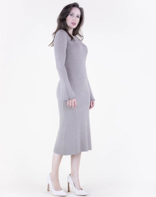 Wavy Hem Khaki Flare Sleeve Ribbed Women's Sweater Dress FP65026-KK Khaki / L/X