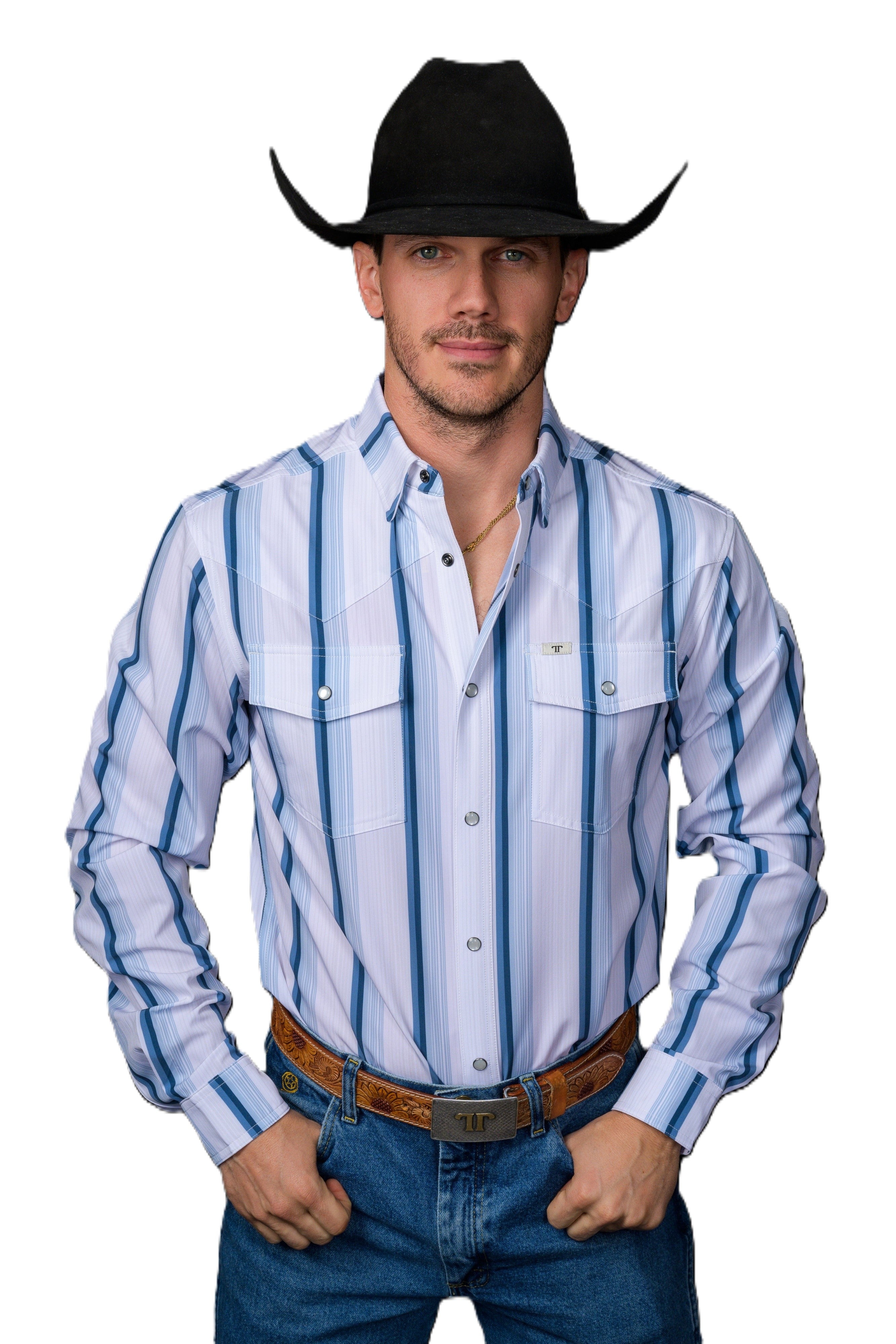 Ferrell Blue with Stripes 'The Tristan' Blue Men's Longsleeve Snap Shirt FLP1026114