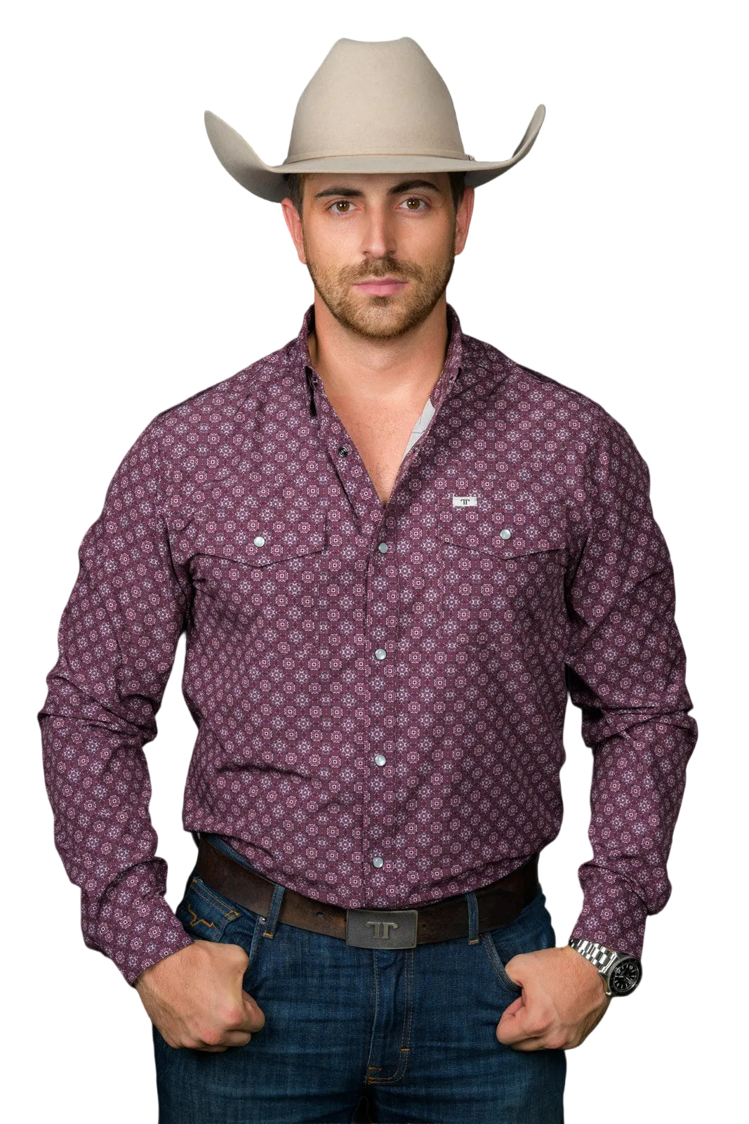 Ferrell Maroon 'The Sutton' Long Sleeve Men's Collared Longsleeve Pearl Snap Shirt FPL1026152