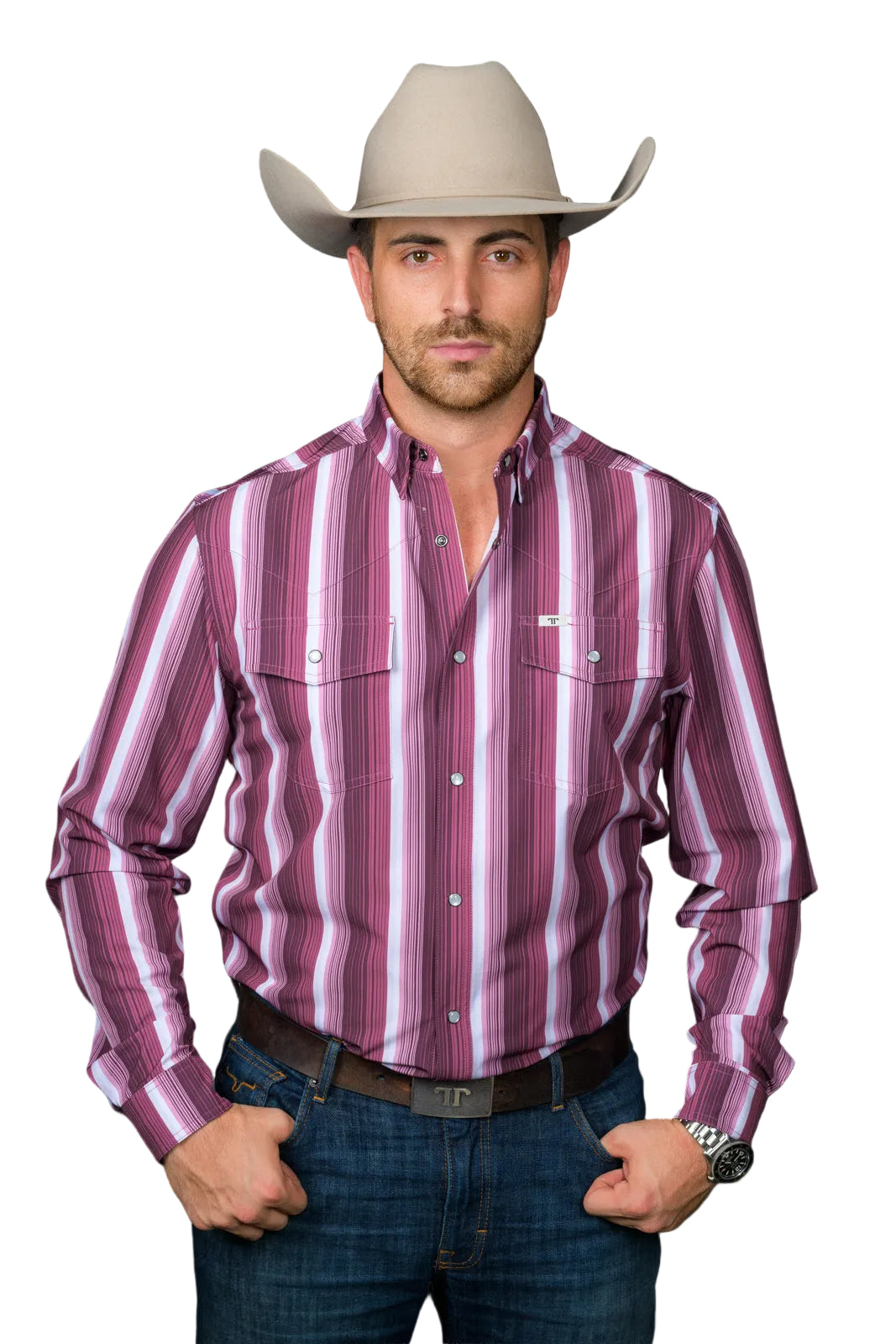 Ferrell Maroon with Stripes 'The Tristan' Men's Long Sleeve Collared Pearl Snap Shirt FPL1026182