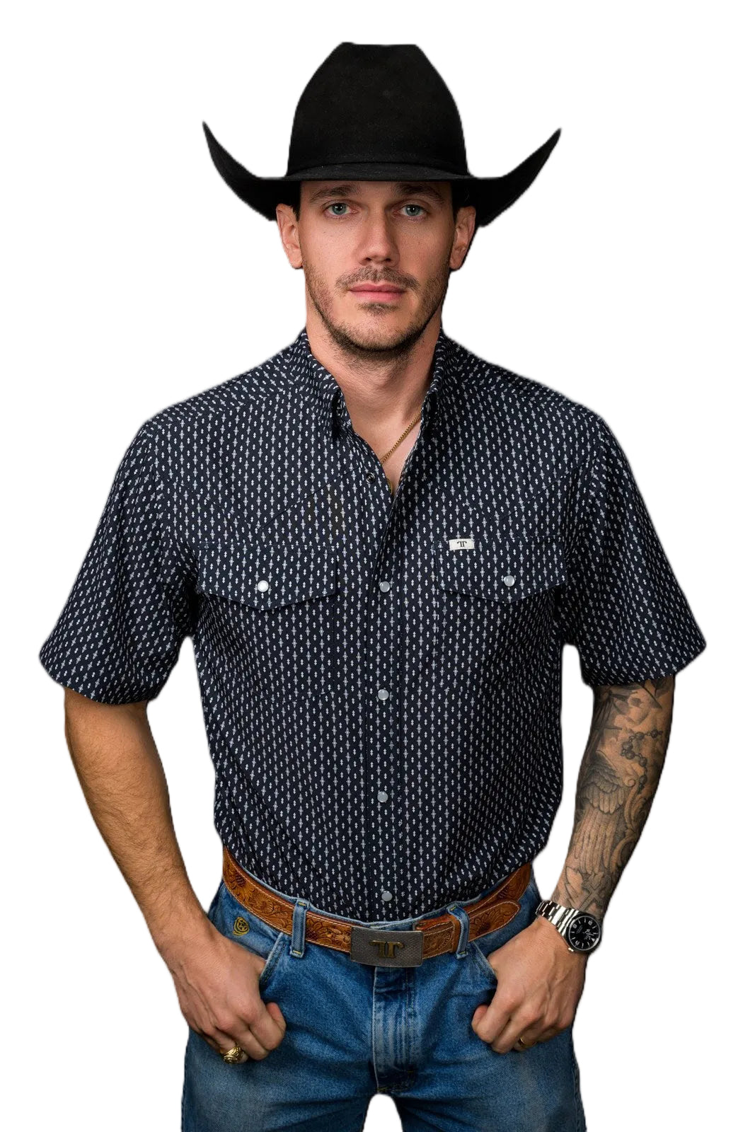 Ferrell Black with print 'The Cash' Men's Short Sleeve Snap Shirt FPS1026142