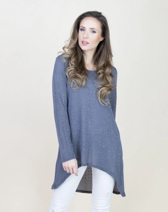 Very Moda Gray Rhinestone Long Sleeve Pullover FT80200-GY