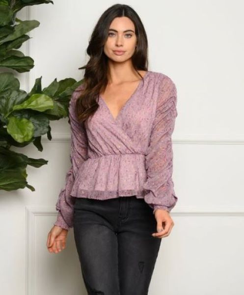 Lilac Floral Ruched Long Sleeve Womens Peplum Top H-6-D-T84187-02