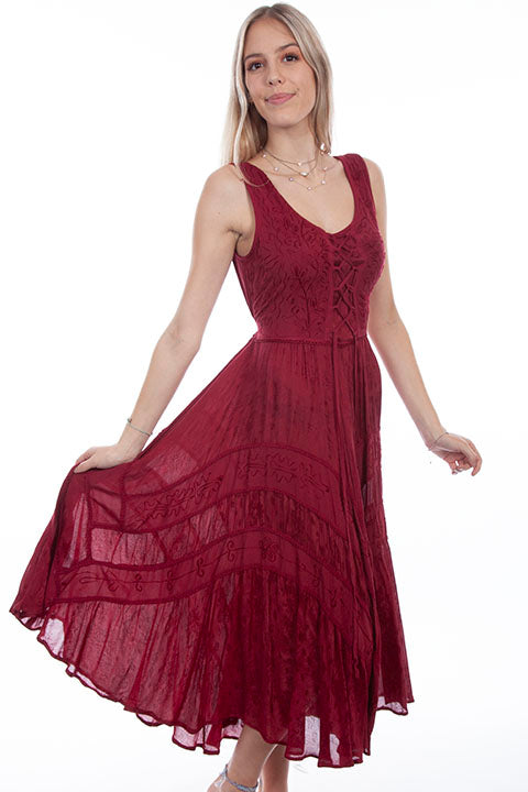 Scully Burgundy Full Length Lace-Up Front Womens Sleeveless Dress HC118