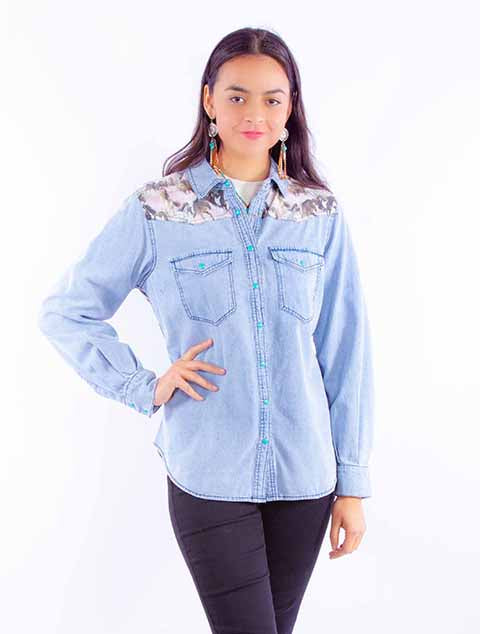 Scully Denim Running Horse Scene Womens Long Sleeve Snap Shirt HC915