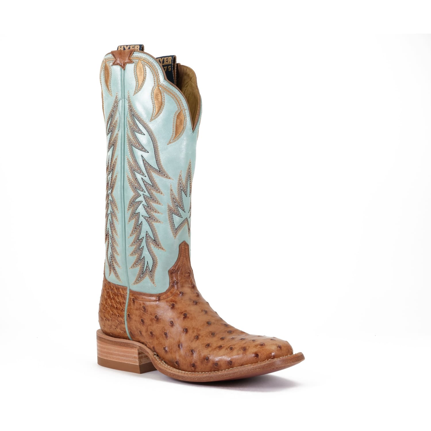 Hyer Robin's Egg Burnished Cowhide Upper and Brandy Full Quill Waxy Ostrich Vamp Harper Women's 13 inch Broad Square Toe Western Boots HW41008
