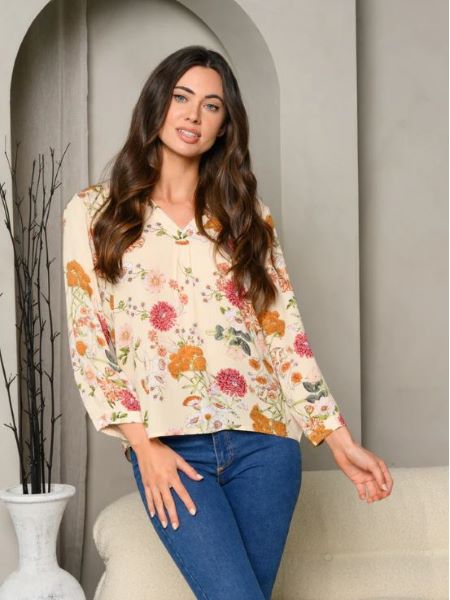 Beige Floral 3/4 Sleeve V-Neck Women's Floral Blouse Tunic Top I-3-E-25504-B