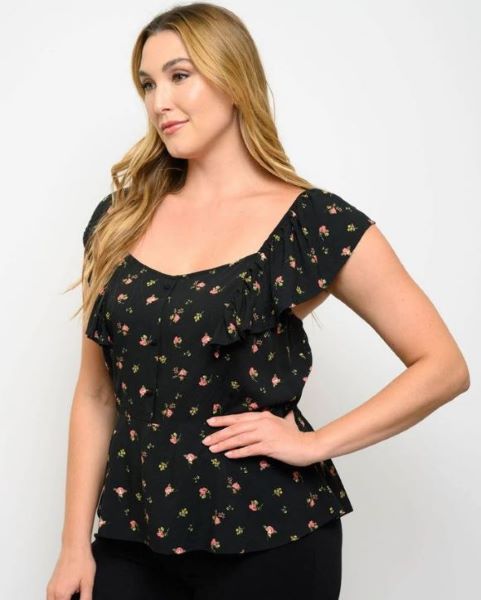 Black Floral Curvy Peplum Short Sleeve Womens Top I-7-A-ZB10421FL