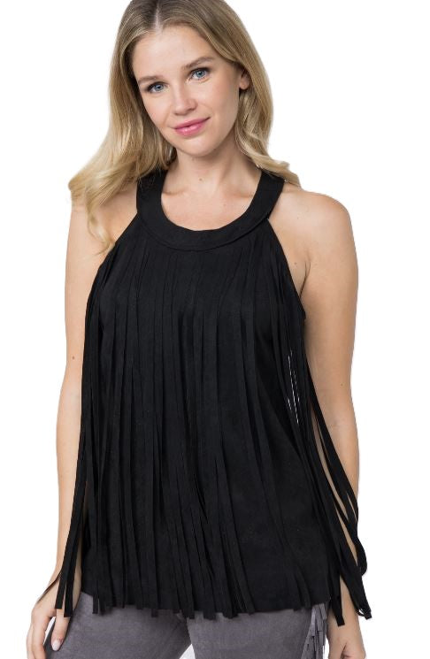 Vocal Apparel Black Sleeveless Suede Women's Fringed Top IM2006T-BLACK