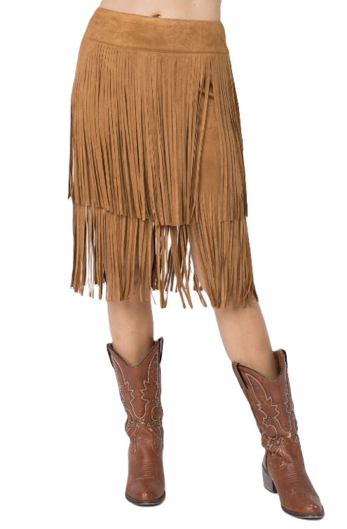 Vocal Apparel Camel Women's Two Tiered Fringe Skirt IM2007SK-CAMEL